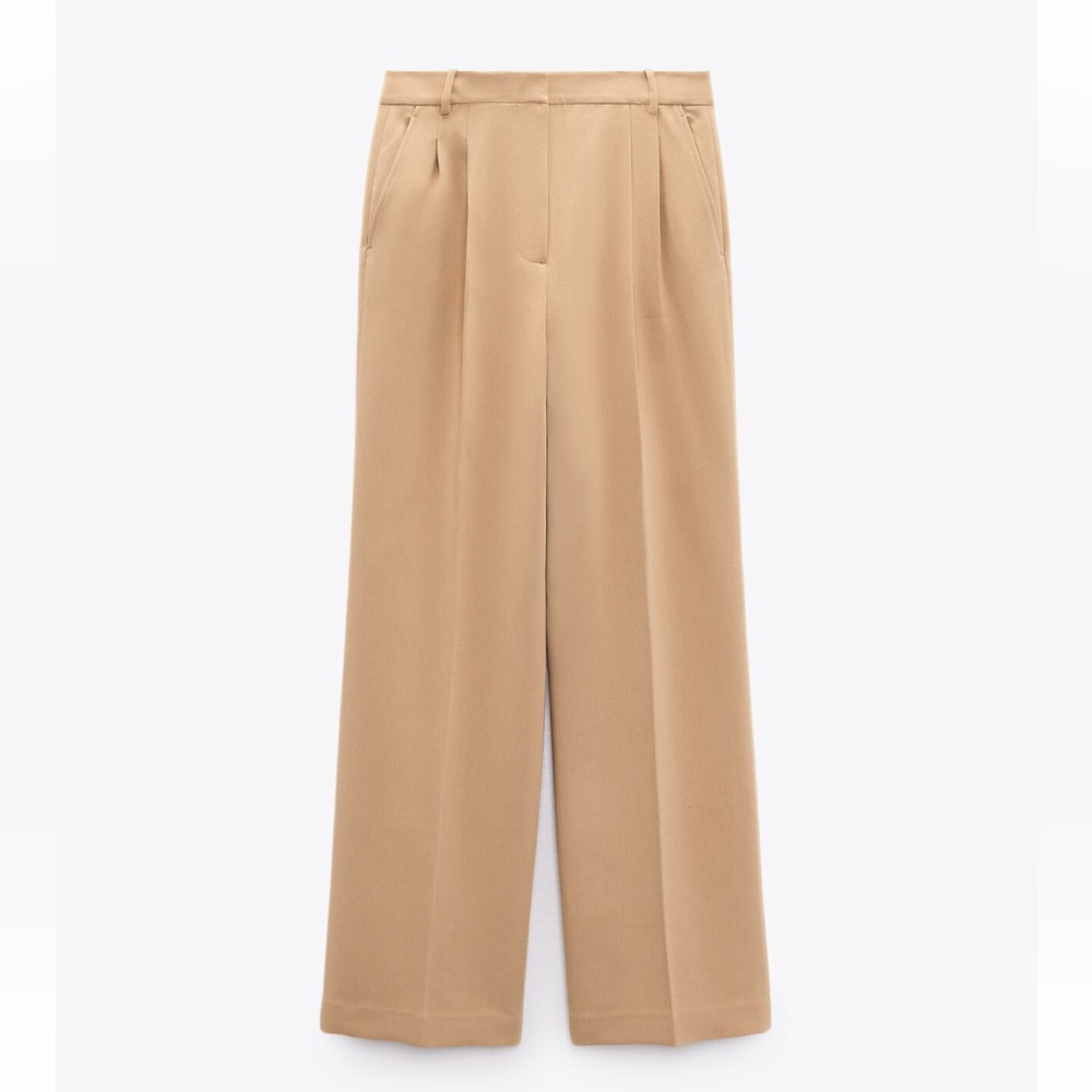 Zara Light Camel Pleated Mid Rise Wide Leg Pants US S